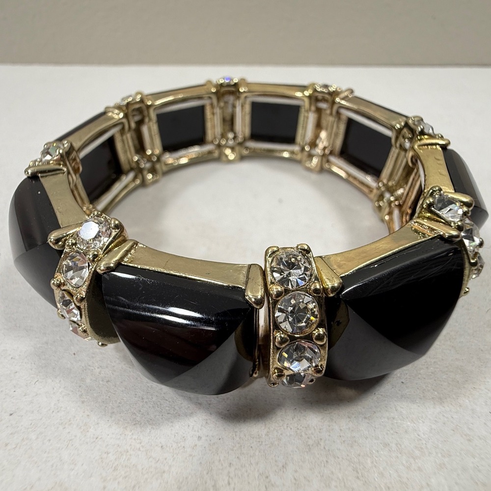 Chunky Stretch Bracelet Women Black Gold Tone Rhinestone Bold Statement Jewelry - Picture 9 of 11